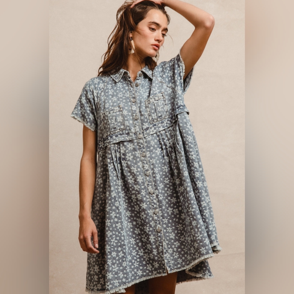 Washed Floral Denim Frayed Short Sleeve Dress S M L XL - Picture 3 of 3
